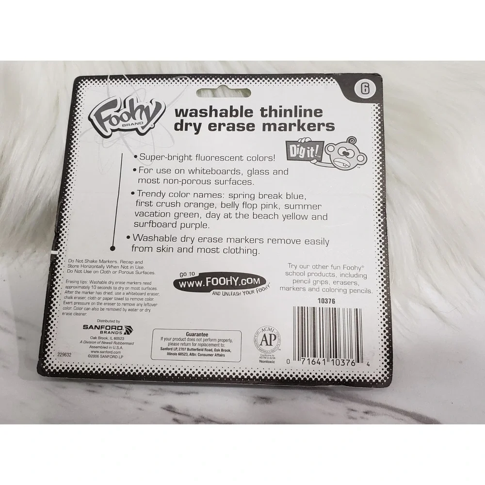 FOOHY Dry Erase Markers Washable Thinline 6 Pack SMELLY  Vintage 2006 MONKEY
